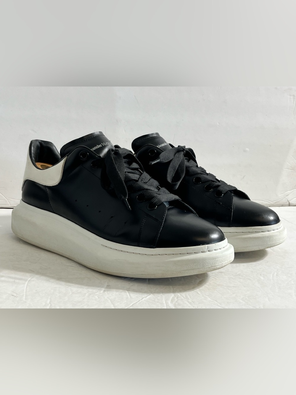 Alexander McQueen Black Leather Sneakers with White Heel Accent